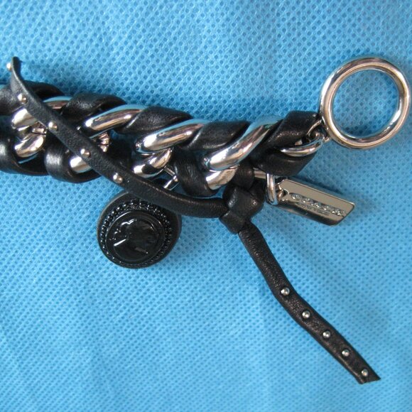 EUC Coach Black Leather Silver Chain Cameo Toggle Bracelet - Picture 5 of 9